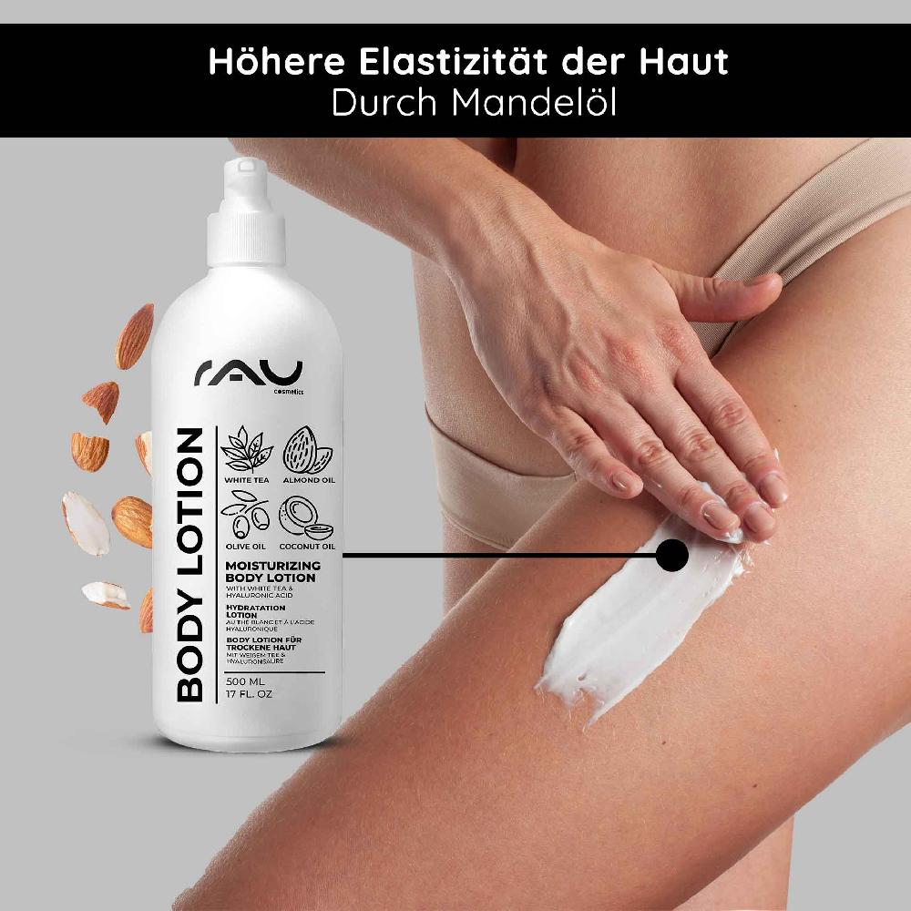 Rau Cosmetics White Tea Bodylotion für trockene Haut 500 ml mit Hyaluron Weißer Tee Urea Speichern exportieren
