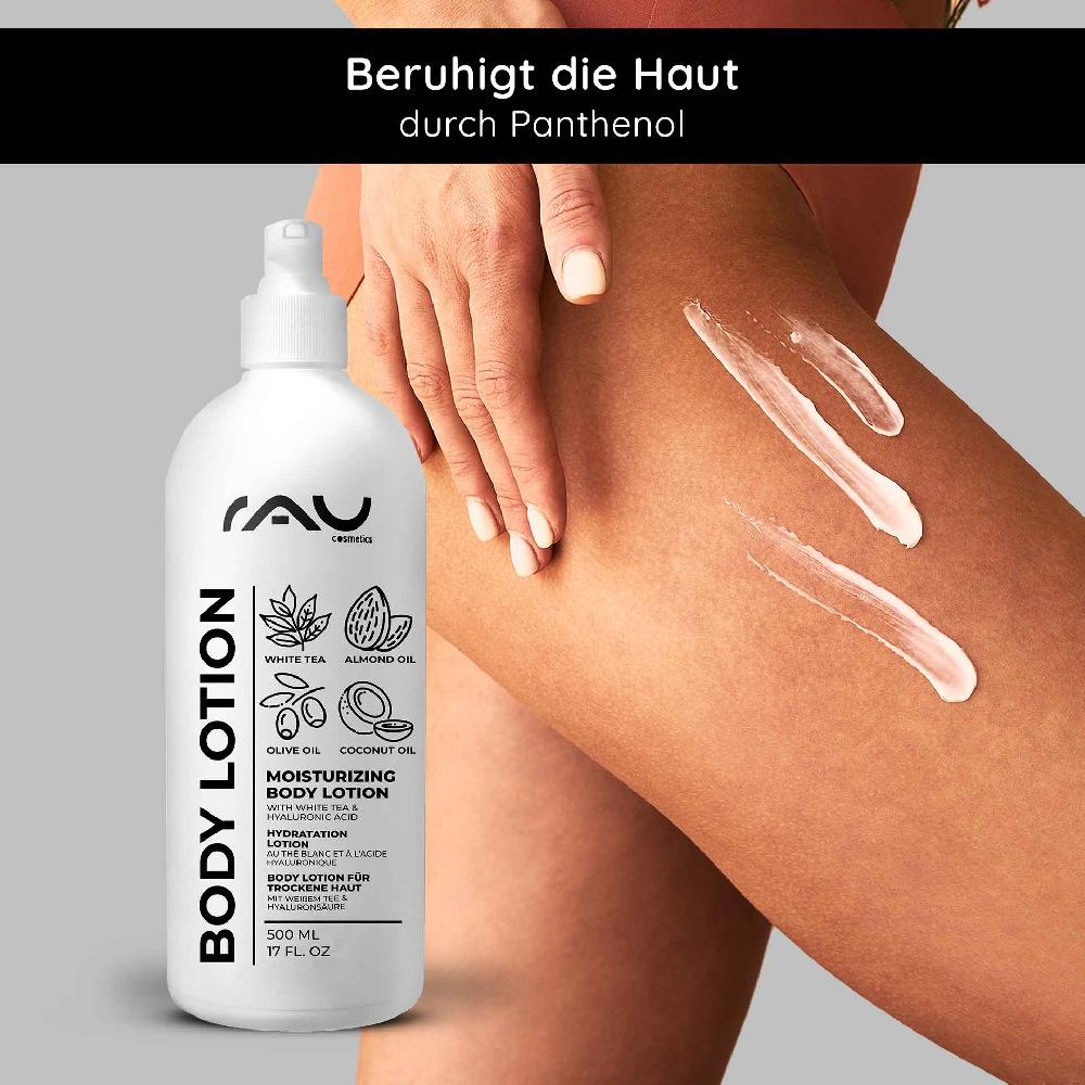 Rau Cosmetics White Tea Bodylotion für trockene Haut 500 ml mit Hyaluron Weißer Tee Urea Speichern exportieren